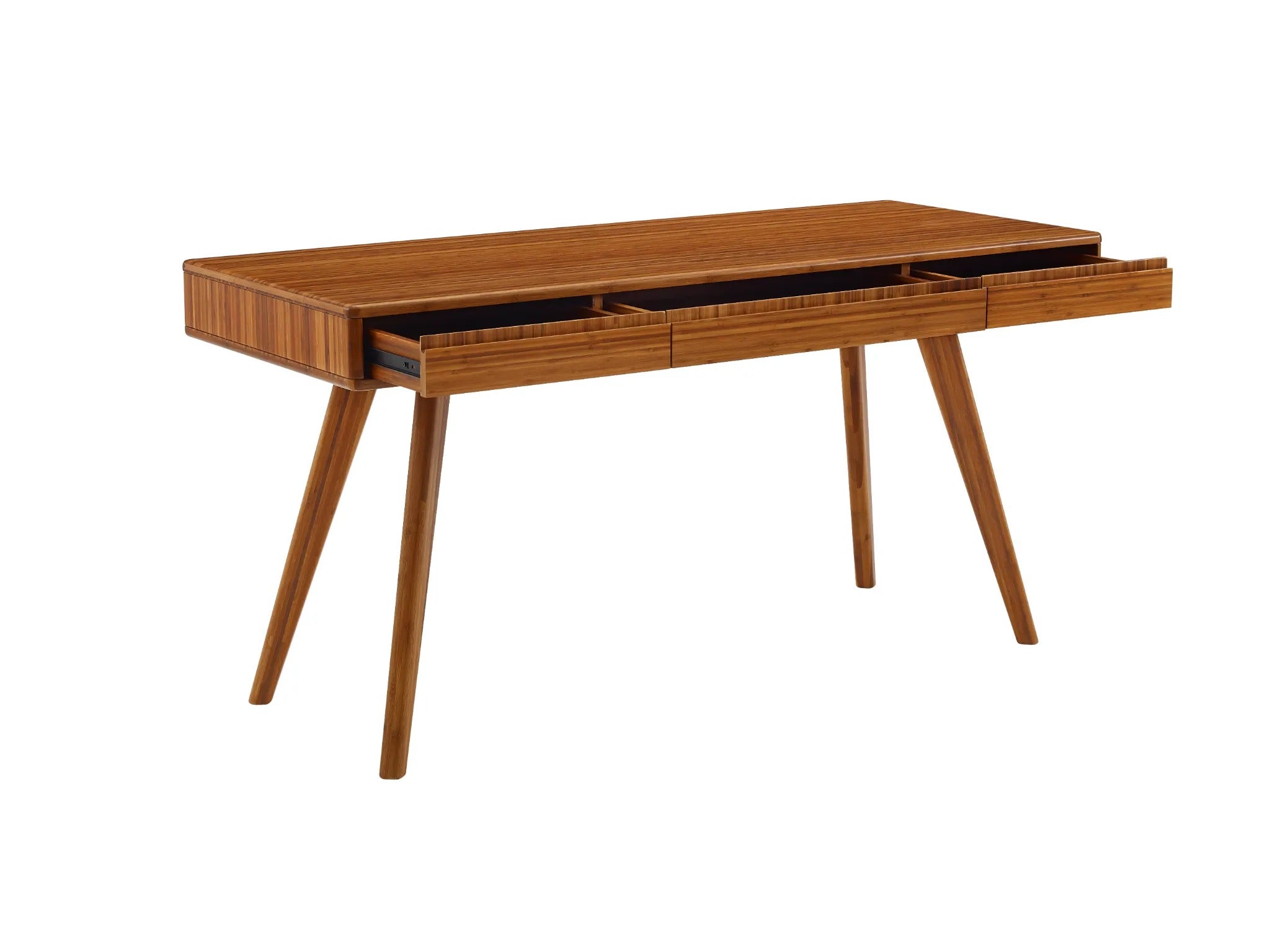 A renewable Currant Bamboo Writing Desk by Greenington in amber color, with an open drawer.