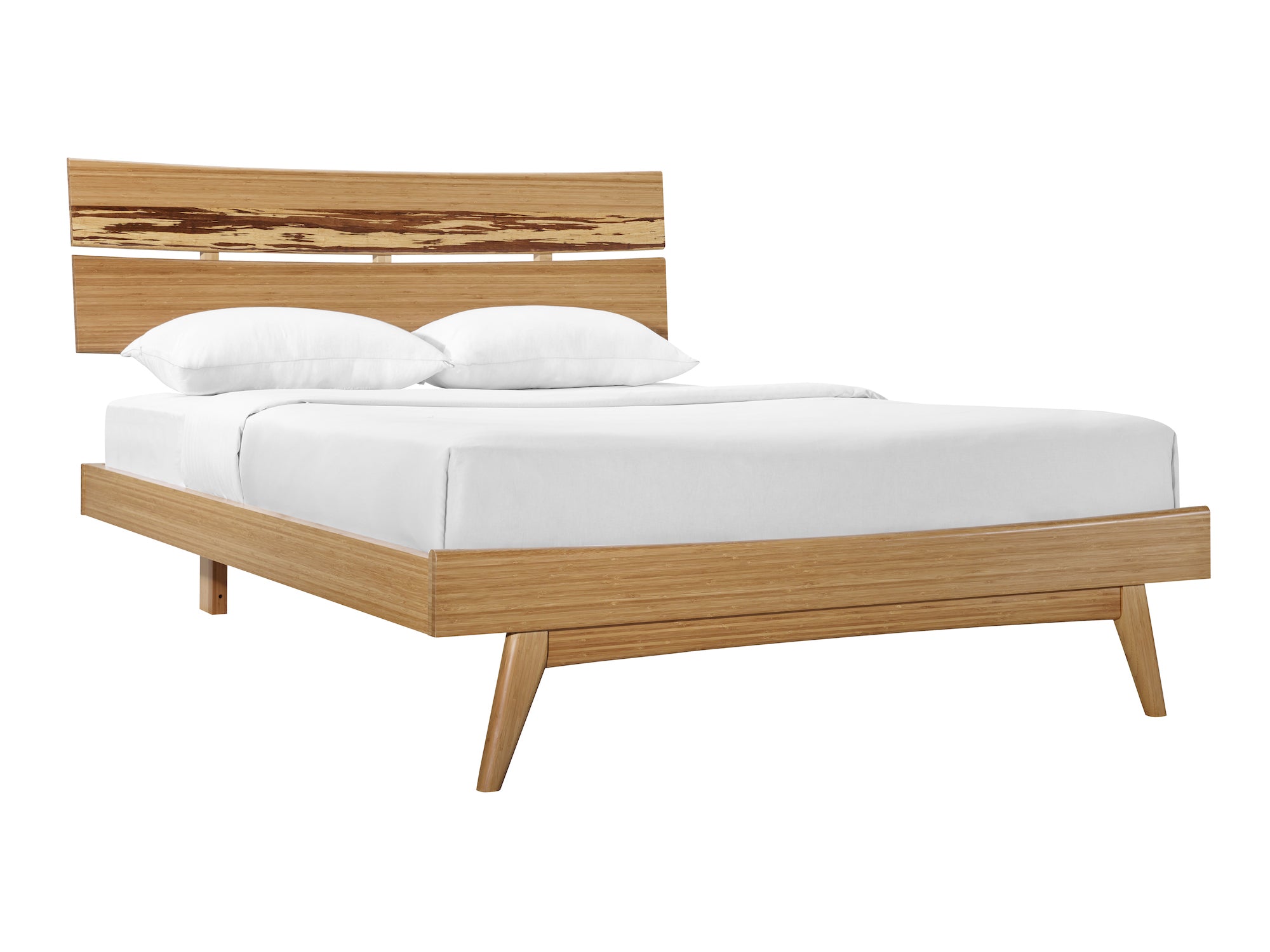 A renewable Azara Bamboo Bedframe by Greenington, in caramel color, side angle view.